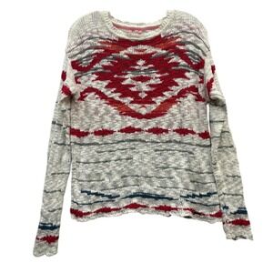 Triple Five Soul Geometric Knit Sweater Distressed Pullover Red Gray Indie Y2K